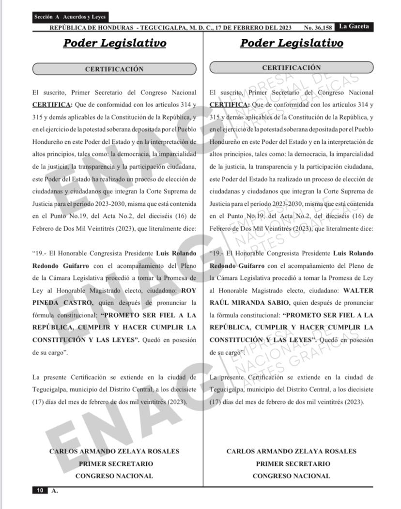Publicado en el Diario Oficial La Gaceta el decreto que acredita a los magistrados de la Corte Suprema de Justicia para el período 2023 - 2030